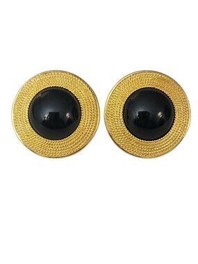 Napier Round Gold Tone Black Lucite Center Clip On Earrings, Signed